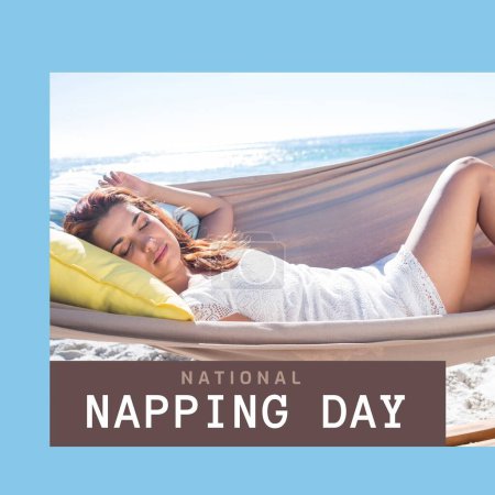 Photo for Composition of national napping day text over caucasian woman sleeping in hammock. National napping day, free time and relaxing concept digitally generated image. - Royalty Free Image