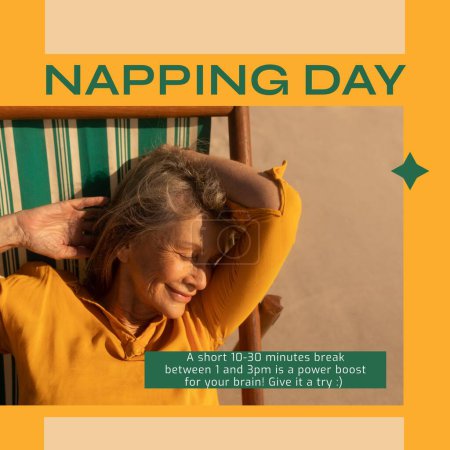 Photo for Composition of napping day text over senior caucasian woman sleeping in hammock. National napping day, free time and relaxing concept digitally generated image. - Royalty Free Image