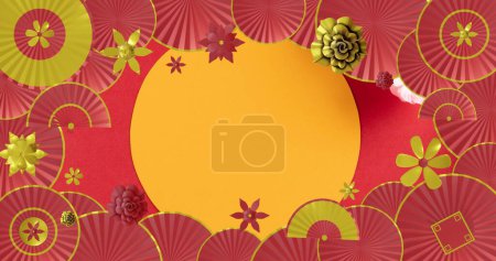 Foto de Imagen de feliz año nuevo chino texto sobre patrón chino sobre fondo rojo. Año nuevo chino, festividad, celebración y tradición concepto de imagen generada digitalmente. - Imagen libre de derechos