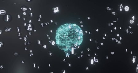 Téléchargez les photos : Image d'un cerveau humain bleu lumineux et de connexions sur fond noir. Connexions globales, calcul et traitement des données concept image générée numériquement. - en image libre de droit