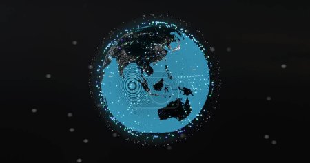Photo for Image of glowing blue mesh of connections spinning over globe on black background. Global connections, computing and data processing concept digitally generated image. - Royalty Free Image