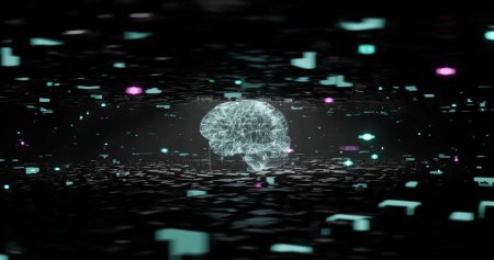 Téléchargez les photos : Image d'un cerveau humain bleu lumineux et de connexions sur fond noir. Connexions globales, calcul et traitement des données concept image générée numériquement. - en image libre de droit