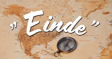 Téléchargez les photos : Une boussole se trouve sur une carte à côté du mot néerlandais "Einde", signifiant "Fin", suggérant la conclusion d'un voyage ou d'une exploration. Il évoque les thèmes du voyage, de la navigation et de l'achèvement d'une aventure. - en image libre de droit