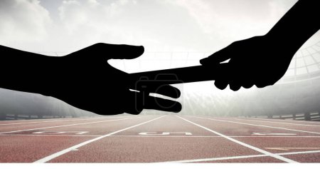Photo for Two hands are passing a baton during a relay race on an athletic track, symbolizing teamwork and cooperation in sports. Capturing the crucial moment of handoff, the image emphasizes the importance of precision and timing in relay events. - Royalty Free Image