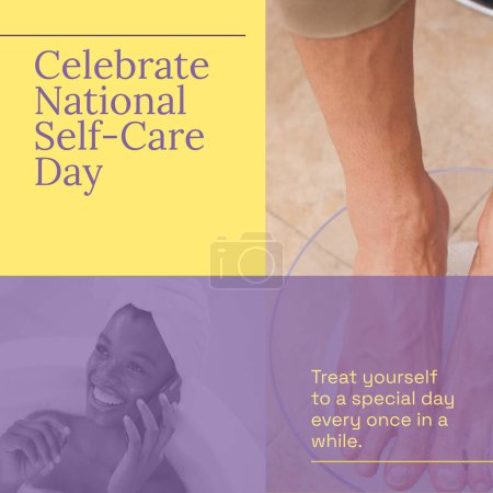 Téléchargez les photos : Composition du texte de la journée nationale de l'auto-soin sur diverses personnes prenant un bain. Journée nationale de l'autosoin, concept de santé et de beauté image générée numériquement. - en image libre de droit
