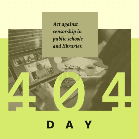 Foto de Composición de texto de 404 días sobre el hombre caucásico utilizando el ordenador portátil sobre fondo verde. 404 día y concepto de censura imagen generada digitalmente. - Imagen libre de derechos