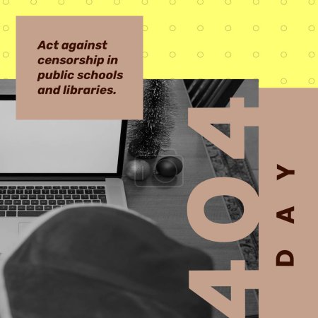 Foto de Composición de texto de 404 días sobre portátil con espacio de copia sobre fondo amarillo y beige. 404 día y concepto de censura imagen generada digitalmente. - Imagen libre de derechos