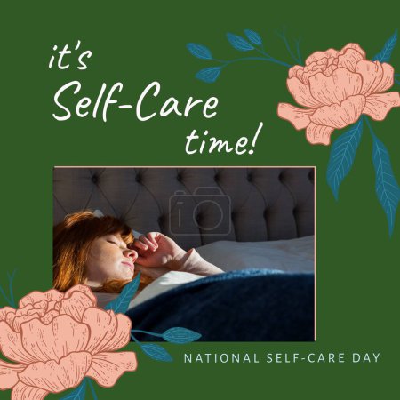 Photo for Composition of it's self-care time text over caucasian woman sleeping in bed on green background. National self-care day, health and beauty concept digitally generated image. - Royalty Free Image