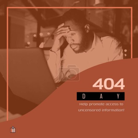 Téléchargez les photos : Composition de 404 jours de texte sur l'homme afro-américain à l'aide d'un ordinateur portable. 404 jour et concept de censure image générée numériquement. - en image libre de droit