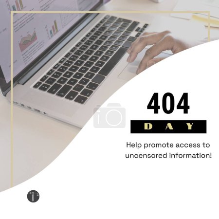 Foto de Composición de texto de 404 días sobre la mano de la mujer afroamericana usando el ordenador portátil. 404 día y concepto de censura imagen generada digitalmente. - Imagen libre de derechos