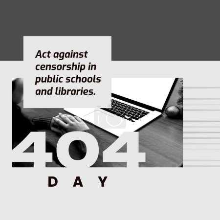 Téléchargez les photos : Composition de 404 jours de texte sur une femme caucasienne utilisant un ordinateur portable sur fond gris. 404 jour et concept de censure image générée numériquement. - en image libre de droit