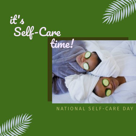 Photo for Composition of it's self-care time text over african american women lying on bed on green background. National self-care day, health and beauty concept digitally generated image. - Royalty Free Image