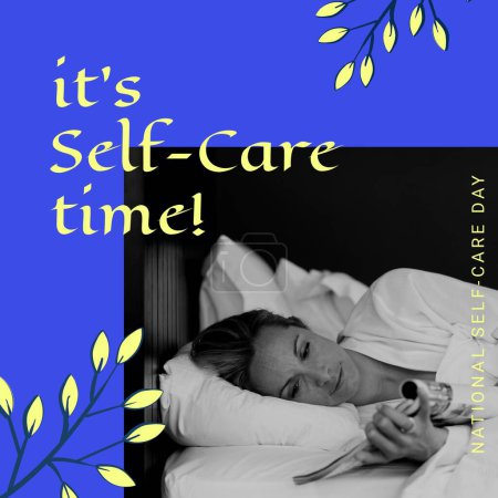 Photo for Composition of it's self-care time text over caucasian woman lying on bed on blue background. National self-care day, health and beauty concept digitally generated image. - Royalty Free Image
