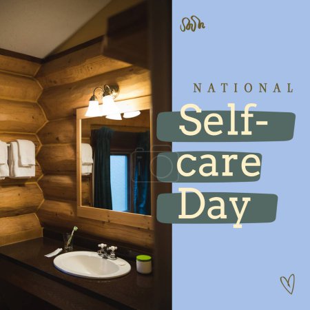 Téléchargez les photos : Composition du texte de la journée nationale d'autosoin sur la salle de bain. Journée nationale de l'autosoin, concept de santé et de beauté image générée numériquement. - en image libre de droit