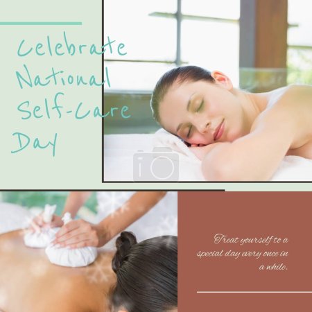 Photo for Composition of national self-care day text over diverse people getting a massage. National self-care day, health and beauty concept digitally generated image. - Royalty Free Image