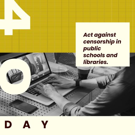 Téléchargez les photos : Composition de 404 jours de texte sur l'homme caucasien à l'aide d'un ordinateur portable sur fond jaune. 404 jour et concept de censure image générée numériquement. - en image libre de droit
