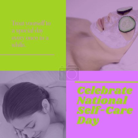 Photo for Composition of national self-care day text over diverse people wearing mask and getting a massage. National self-care day, health and beauty concept digitally generated image. - Royalty Free Image