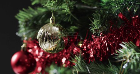 Téléchargez les photos : Gros plan d'un sapin de Noël orné de décorations festives. Boules d'or et rouges ajoutent une touche traditionnelle de vacances au cadre de la maison. - en image libre de droit