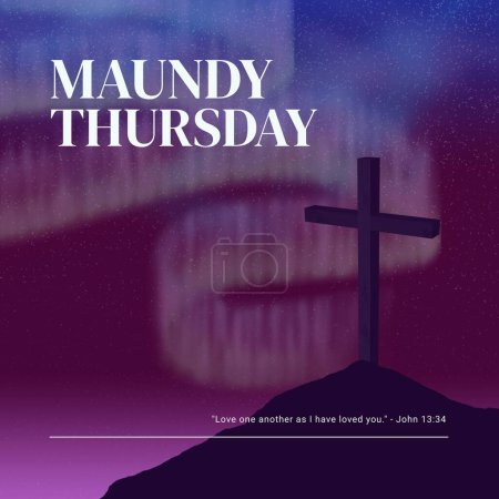 Photo for Composition of maundy thursday text over cross and sky with northern lights. Maundy thursday tradition and religion concept digitally generated image. - Royalty Free Image