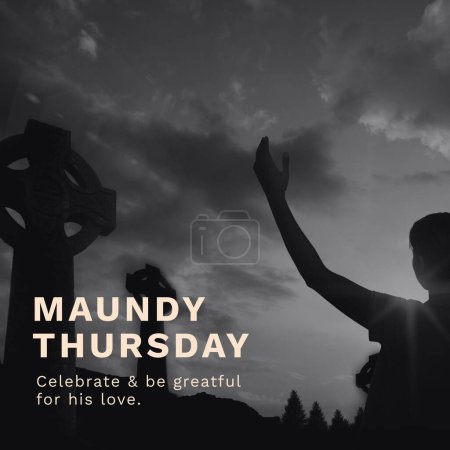 Photo for Composition of maundy thursday text over woman raising hands and crosses. Maundy thursday tradition and religion concept digitally generated image. - Royalty Free Image