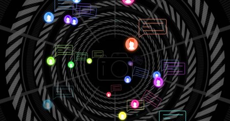Photo for Image of social media icons and tunnel over black background. Global business, computing and digital interface concept digitally generated image. - Royalty Free Image