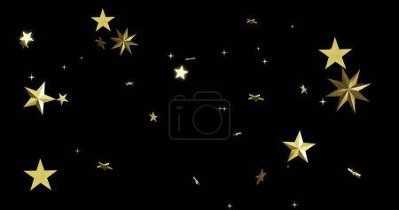 Foto de Oro flotante y estrellas blancas de Navidad sobre fondo negro. Navidad, tradición y celebración imagen generada digitalmente. - Imagen libre de derechos