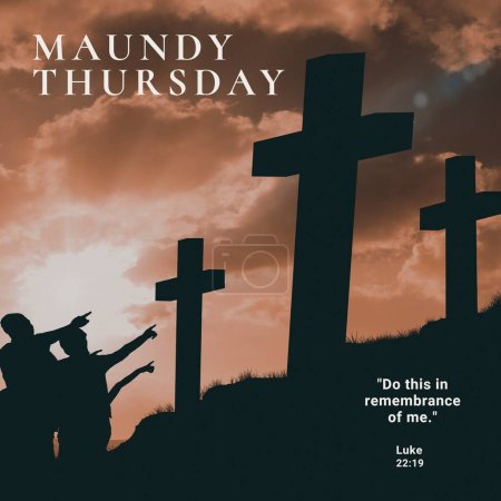 Photo for Composition of maundy thursday text over people pointing silhouettes and crosses. Maundy thursday tradition and religion concept digitally generated image. - Royalty Free Image