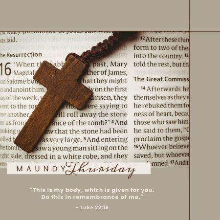 Photo for Composition of maundy thursday text over rosary and holy bible on grey background. Maundy thursday tradition and religion concept digitally generated image. - Royalty Free Image