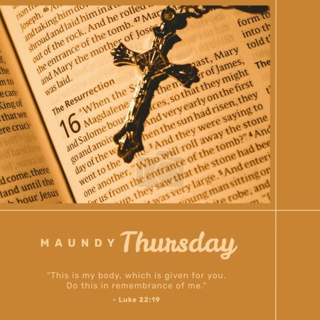 Photo for Composition of maundy thursday text over rosary and holy bible on beige background. Maundy thursday tradition and religion concept digitally generated image. - Royalty Free Image