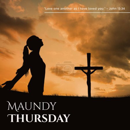 Photo for Composition of maundy thursday text over woman silhouette, cross and sky with clouds. Maundy thursday tradition and religion concept digitally generated image. - Royalty Free Image