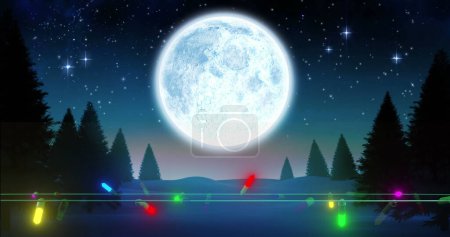 Téléchargez les photos : Un paysage nocturne serein met en valeur une pleine lune lumineuse. Des lumières colorées ajoutent une touche festive au cadre extérieur tranquille. - en image libre de droit