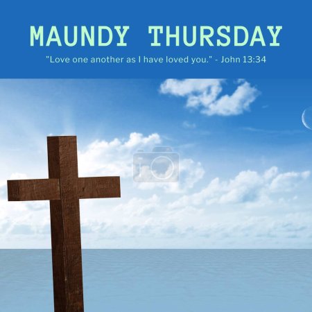 Photo for Composition of maundy thursday text over cross, sea and sky with clouds. Maundy thursday tradition and religion concept digitally generated image. - Royalty Free Image