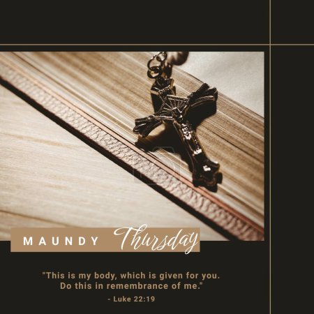 Photo for Composition of maundy thursday text over rosary and holy bible on black background. Maundy thursday tradition and religion concept digitally generated image. - Royalty Free Image