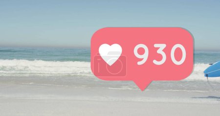 Photo for Image of speech bubble with heart icon and numbers over man running with surfboard on beach. digital interface, social media and global network concept digitally generated image. - Royalty Free Image