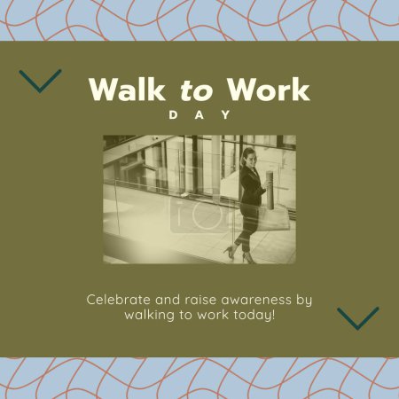 Photo for Composition of walk to work day text over caucasian businesswoman at office on green background. Walk to work day and active lifestyle concept digitally generated image. - Royalty Free Image