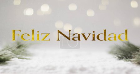 Photo for Feliz navidad text in gold over christmas tree sprigs, snow and bokeh lights on grey background. Christmas, tradition, spanish, greetings and celebration digitally generated image. - Royalty Free Image