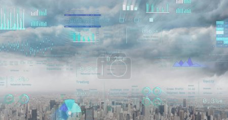 Bild der Finanzdatenverarbeitung über dem Stadtbild. Globales Geschäfts-, Finanz-, Rechen- und Datenverarbeitungskonzept digital generiertes Bild.