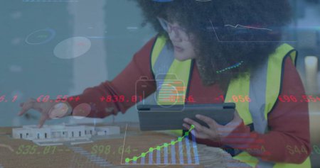 Photo for Image of data processing over biracial female engineer in hi vis vest. Global business, connections, computing and data processing concept digitally generated image. - Royalty Free Image