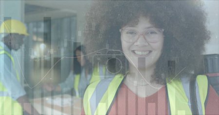 Photo for Image of data processing over diverse engineers in hi vis vests. Global business, connections, computing and data processing concept digitally generated image. - Royalty Free Image