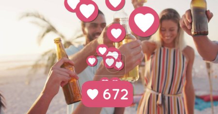 Photo for Image of heart icons and numbers over friends making toast with beer bottles on beach. digital interface, social media and global technology concept digitally generated image. - Royalty Free Image