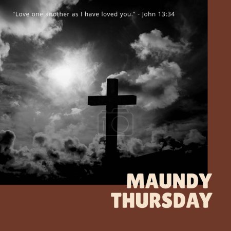 Photo for Composition of maundy thursday text over cross and sky with sun and clouds. Maundy thursday tradition and religion concept digitally generated image. - Royalty Free Image