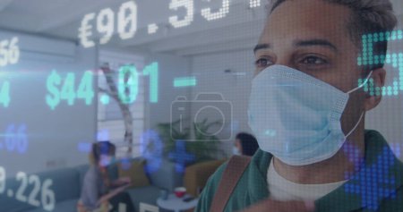 Photo for Image of digital interface showing statistics with colleagues in office wearing face masks. Healthcare and protection during coronavirus covid 19 pandemic, digitally generated image - Royalty Free Image
