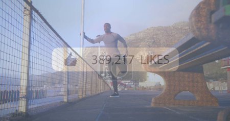 Photo for Image of media icon over african american man stretching outdoors. health and fitness concept digitally generated image. - Royalty Free Image