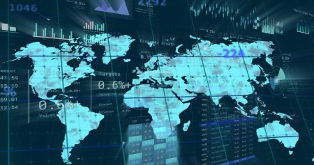 Image of financial data processing over world map. Global networks, business, finances, computing and data processing concept digitally generated image.