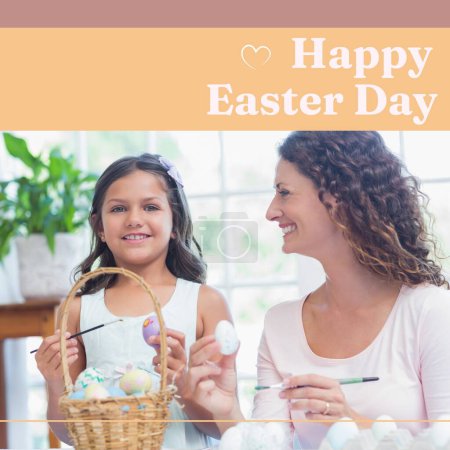Photo for Composition of happy easter day text over caucasian mother and daughter colouring eggs. Easter tradition and celebration concept digitally generated image. - Royalty Free Image