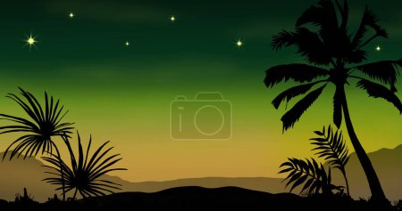 Téléchargez les photos : Des palmiers silhouettés se détachent contre un ciel vibrant au coucher du soleil, avec des étoiles qui commencent à scintiller au-dessus de leurs têtes, avec de l'espace pour copier. L'image évoque une ambiance paisible de soirée tropicale, idéale pour les thèmes de voyage ou de détente. - en image libre de droit