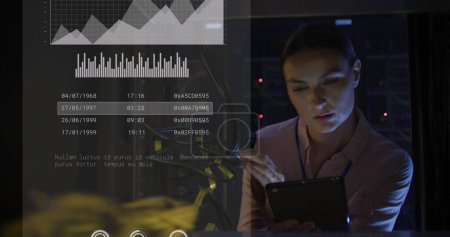 Photo for Image of graphs and data over caucasian woman working in server room. network, programming, computers and technology concept digitally generated image. - Royalty Free Image