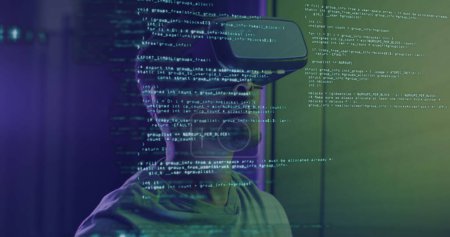 Photo for Image of data processing over african american man working on Virtual reality headset in server room. - Royalty Free Image