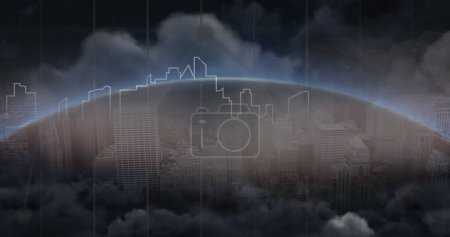 Photo for Image of social media icons over globe and cityscape. global social media, communication, digital interface, technology and networking concept digitally generated image. - Royalty Free Image