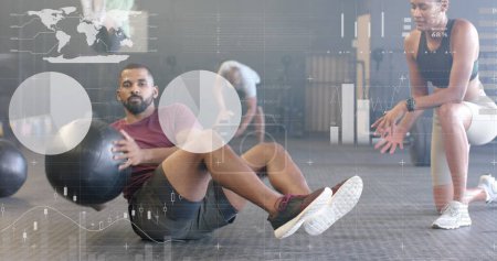 Photo for Image of data on interface over biracial female trainer and man cross training with ball at gym. Fitness, exercise, strength, data, digital interface and technology digitally generated image. - Royalty Free Image